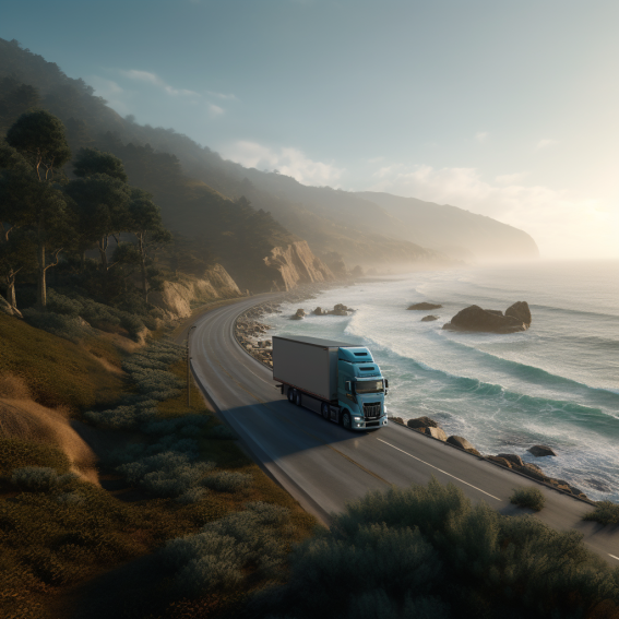 Large unmarked moving truck driving along a scenic coastal road."