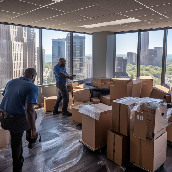 Professional movers packing up a high-rise office with precision and care