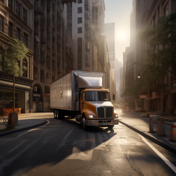 Unmarked moving truck navigating through bustling city streets."